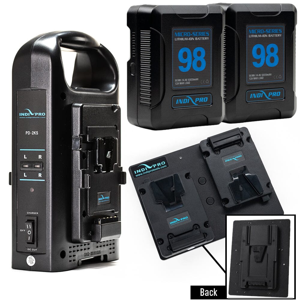 Indipro 2x Micro Series 98Wh V-Mount Battery, Dual Charger & Dual V-Mount Plates to V-Mount Lock Plate Bundle
