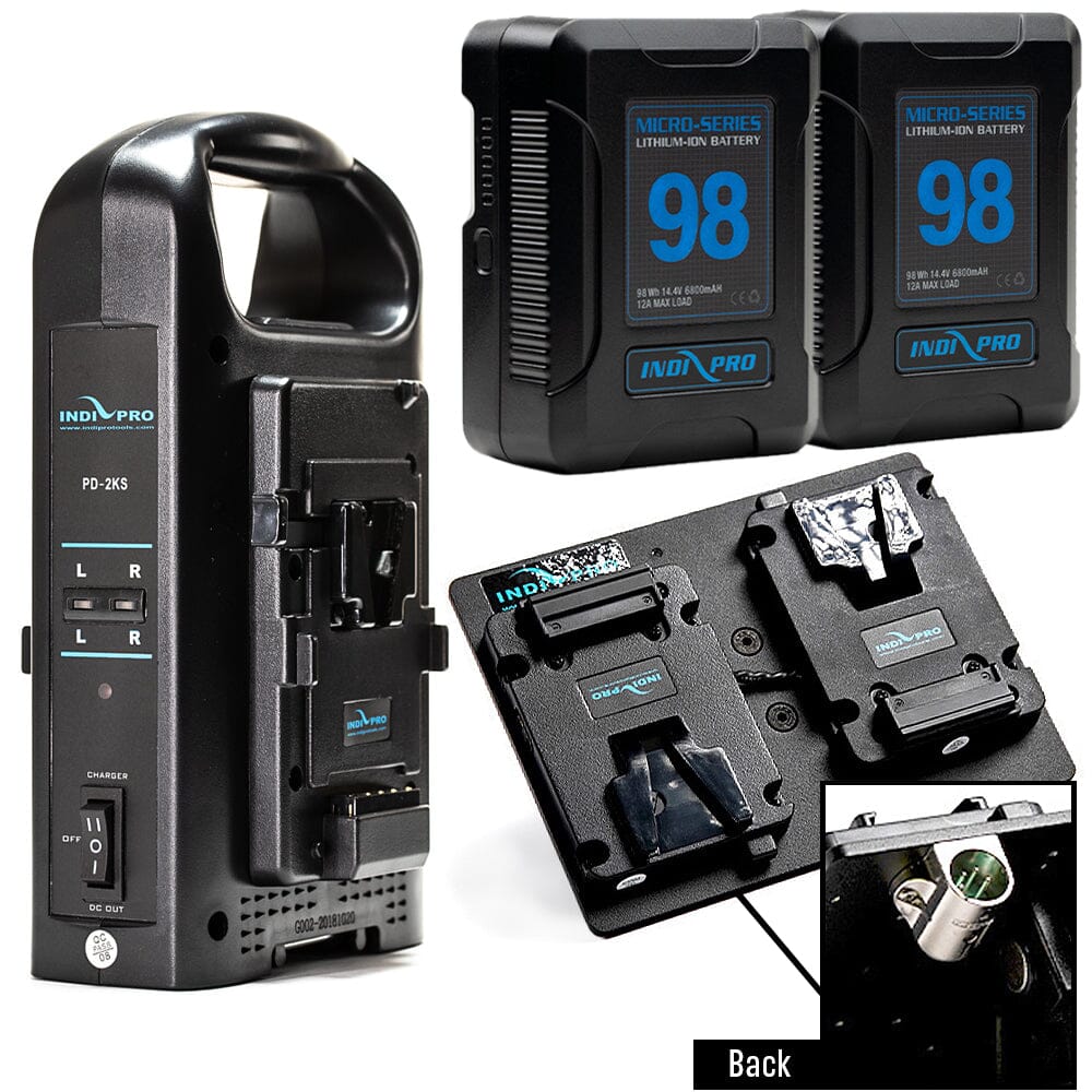 Indipro 2x Micro Series 98Wh V-Mount Battery, Dual Charger &  Dual V-Mount Plates w/ 4-Pin XLR Connector Bundle