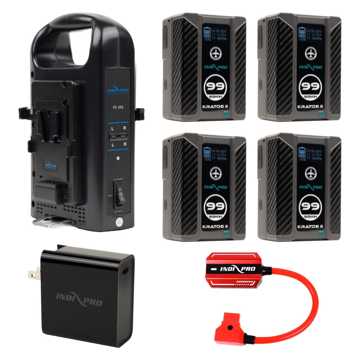 Indipro 4x Kratos 99Wh V-Mount Li-Ion Batteries, 1x V-Mount Dual 14.4V Battery Charger with XLR Output, 1x D-Tap to Type C-USB Quick Charging Adapter & Power Supply and 1x 45W USB-C PD Wall Charger with Cable Kit