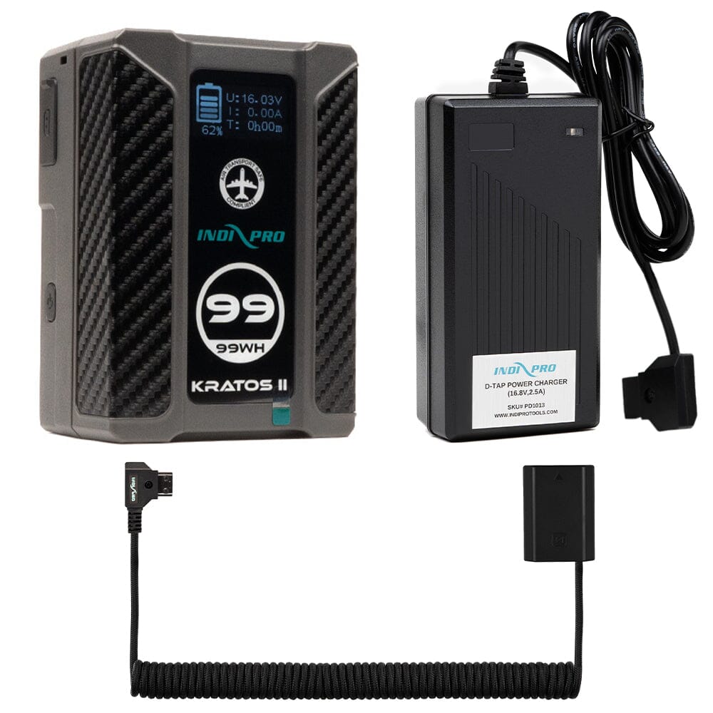 Indipro Kratos 99Wh V-Mount Battery, Charger &  Braided Coiled D-Tap to Sony NP-FZ100 Battery Bundle