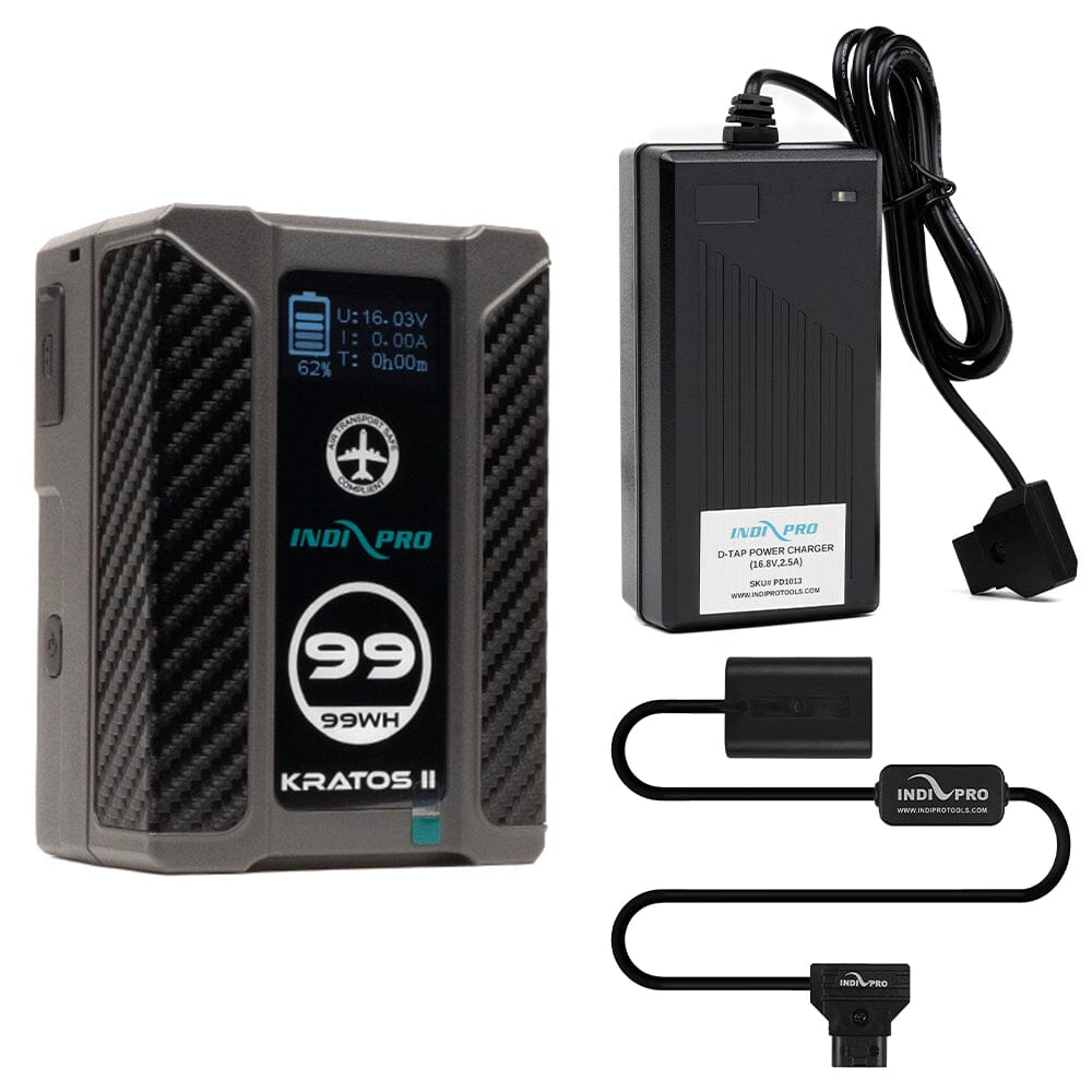 Indipro Kratos 99Wh V-Mount Battery, Charger & D-Tap to Sony V-Series Battery Bundle