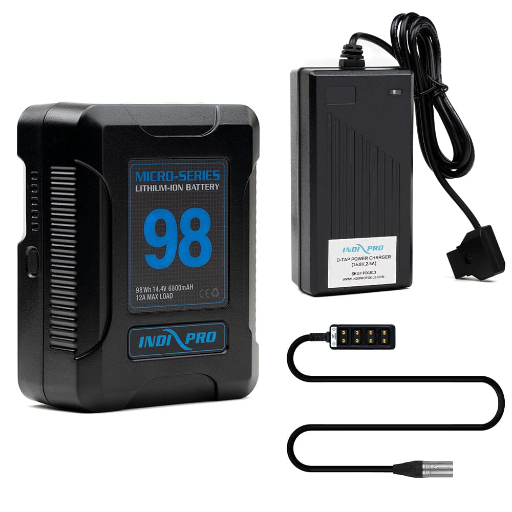Indipro Micro Series 98Wh V-Mount Battery, Charger & 3-Pin Male XLR to 4 Way D-Tap Splitter Bundle