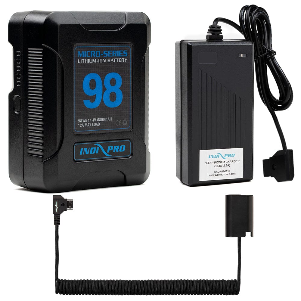 Indipro Micro Series 98Wh V-Mount Battery, Charger & Braided Coiled D-Tap to Panasonic DMW-BLK22 Battery Bundle