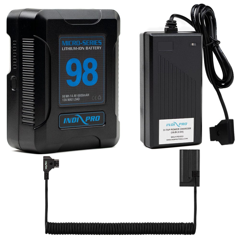 Indipro Micro Series 98Wh V-Mount Battery, Charger &  Braided Coiled D-Tap to Sony NP-F  Battery Bundle