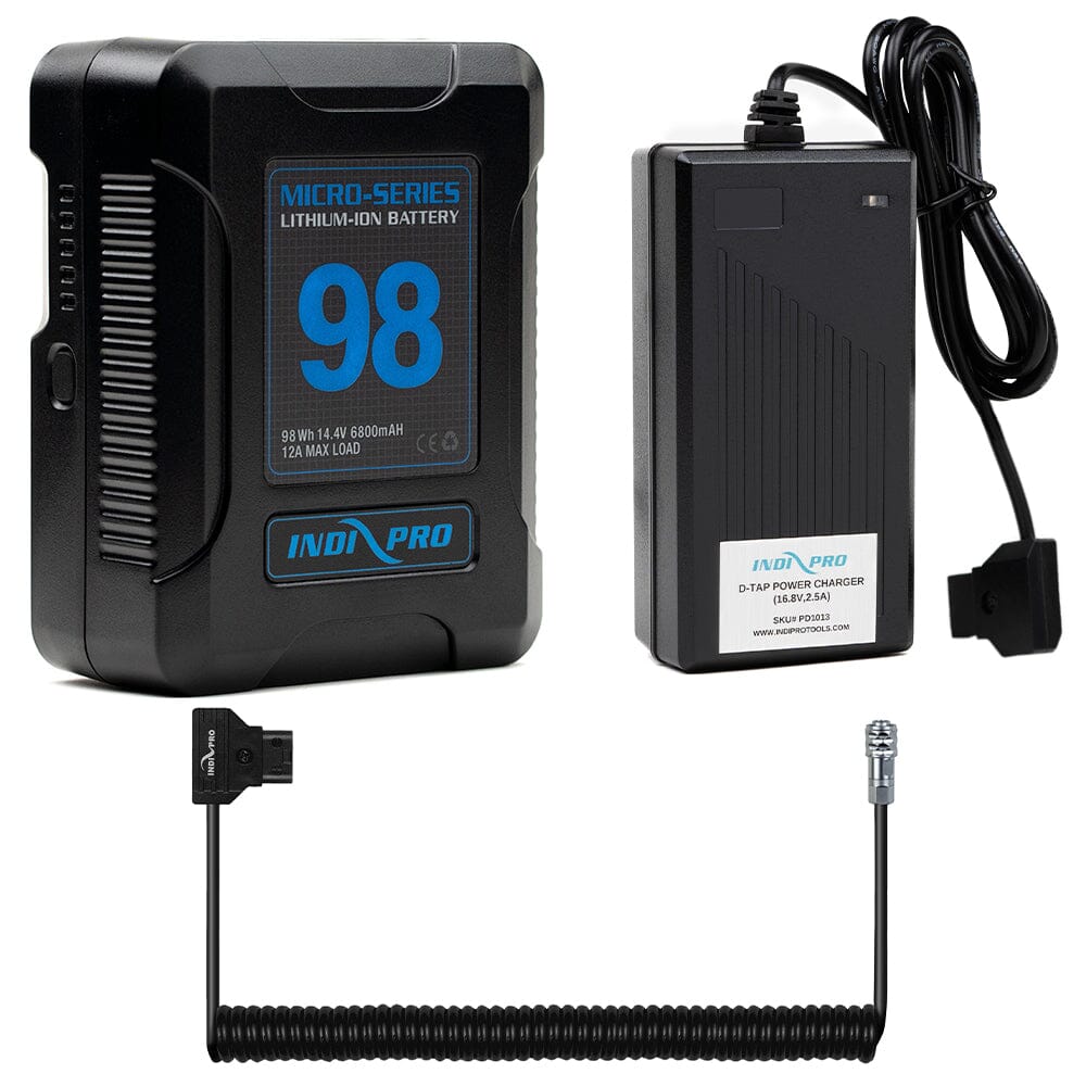 Indipro Micro Series 98Wh V-Mount Battery, Charger & Coiled D-Tap for BMPCC 4K/6K Bundle