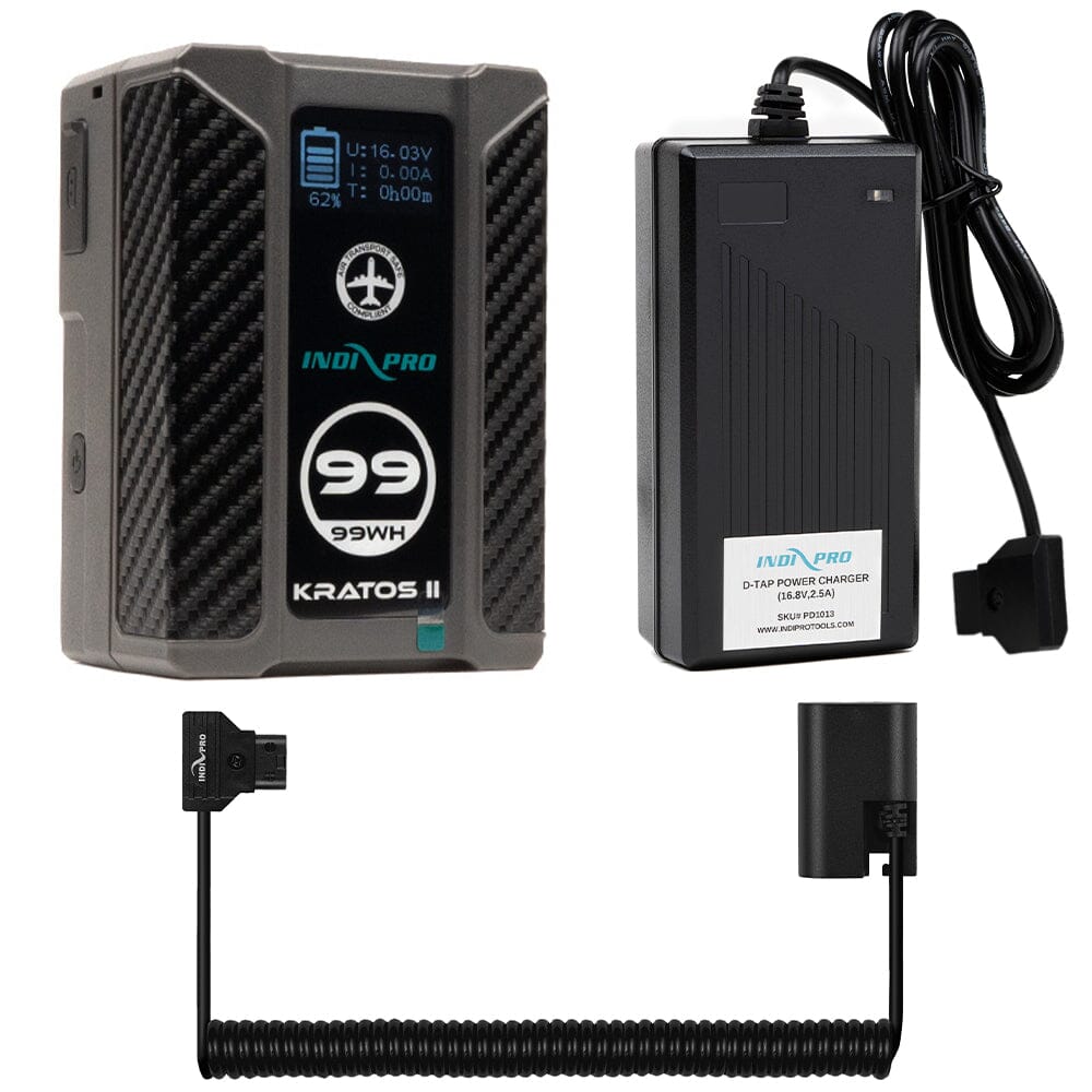 Indipro Kratos 99Wh V-Mount Battery, Charger & Coiled D-Tap to Canon LP-E6 Battery Bundle
