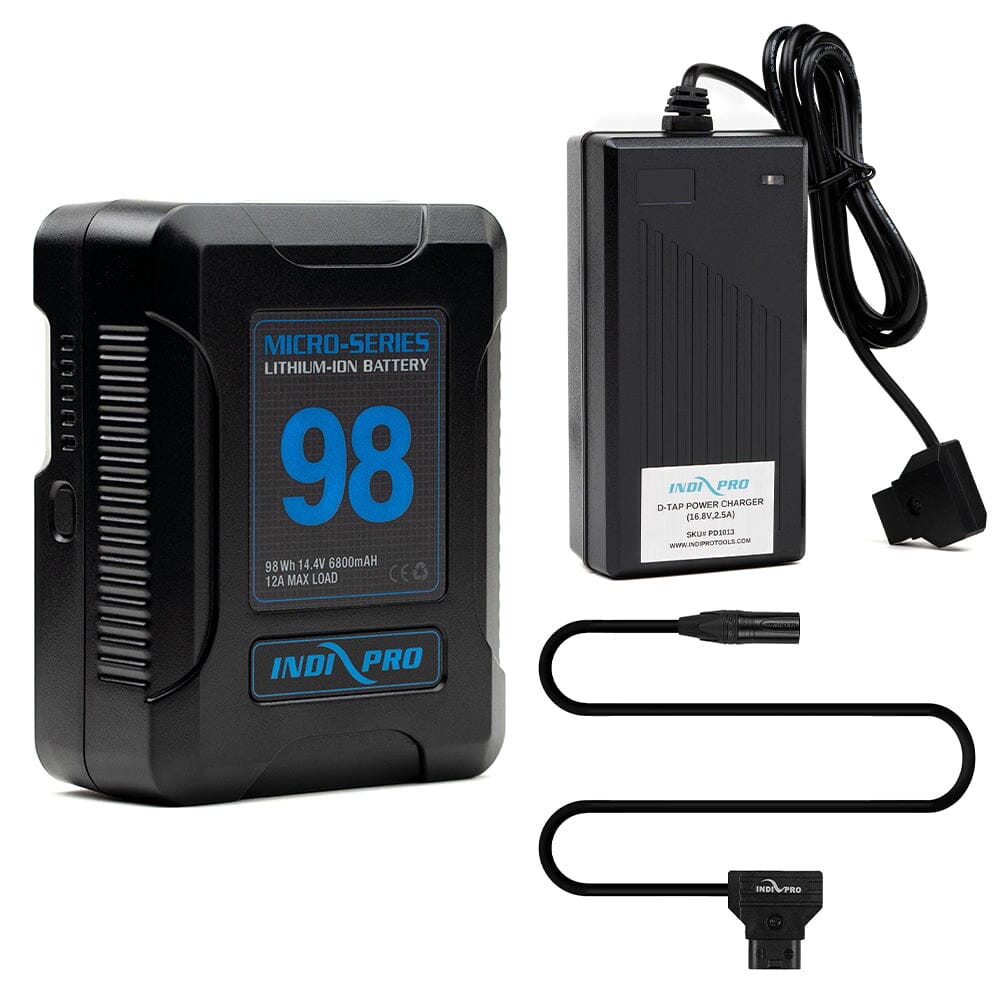 Indipro Micro Series 98Wh V-Mount Battery, Charger & D-Tap to Male 4-Pin XLR Bundle
