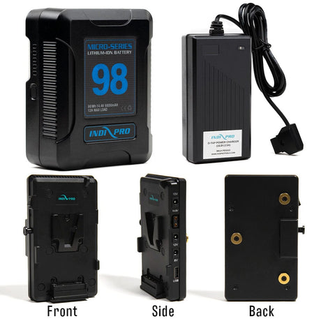 Indipro Micro Series 98Wh V-Mount Battery, Charger & V-Mount Plate to Gold Mount Adapter w/ Multi Outputs Bundle