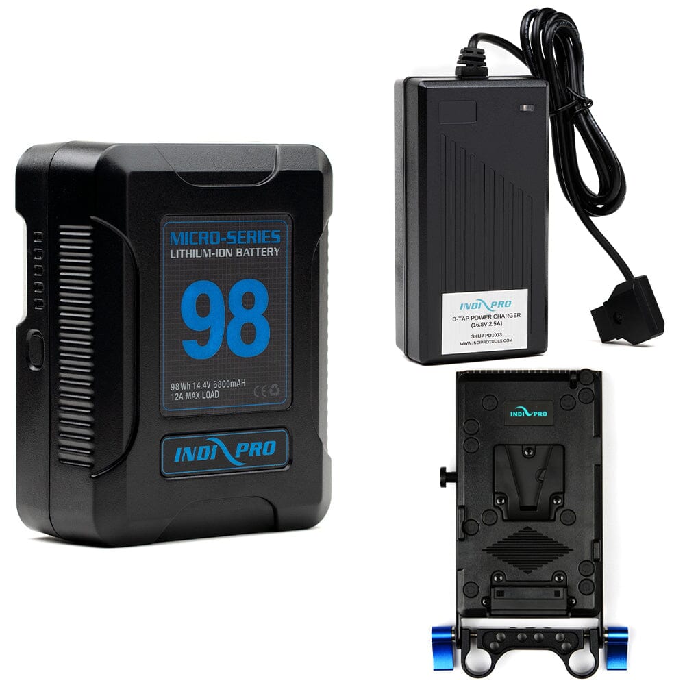 Indipro Micro Series 98Wh V-Mount Battery, Charger & V-Mount Plate with D-Tap Outputs Bundle