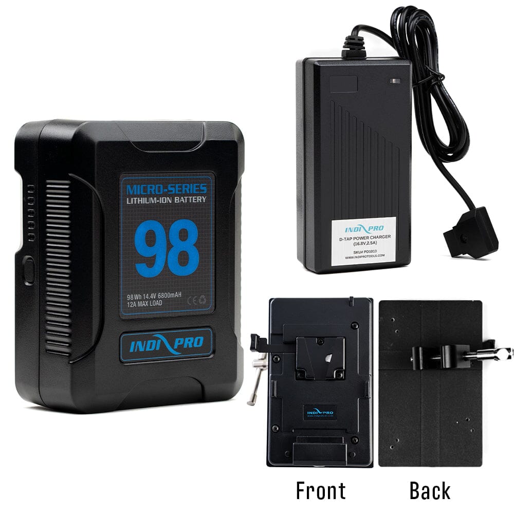 Indipro Micro Series 98Wh V-Mount Battery, Charger & V-Mount Plate with Mounting Clamp Bundle