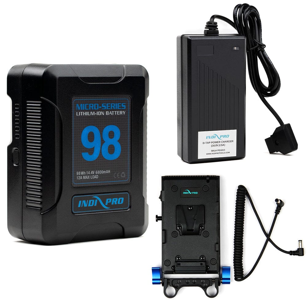 Indipro Micro Series 98Wh V-Mount Battery, Charger & V-Mount Plate with Multiple Outputs Bundle