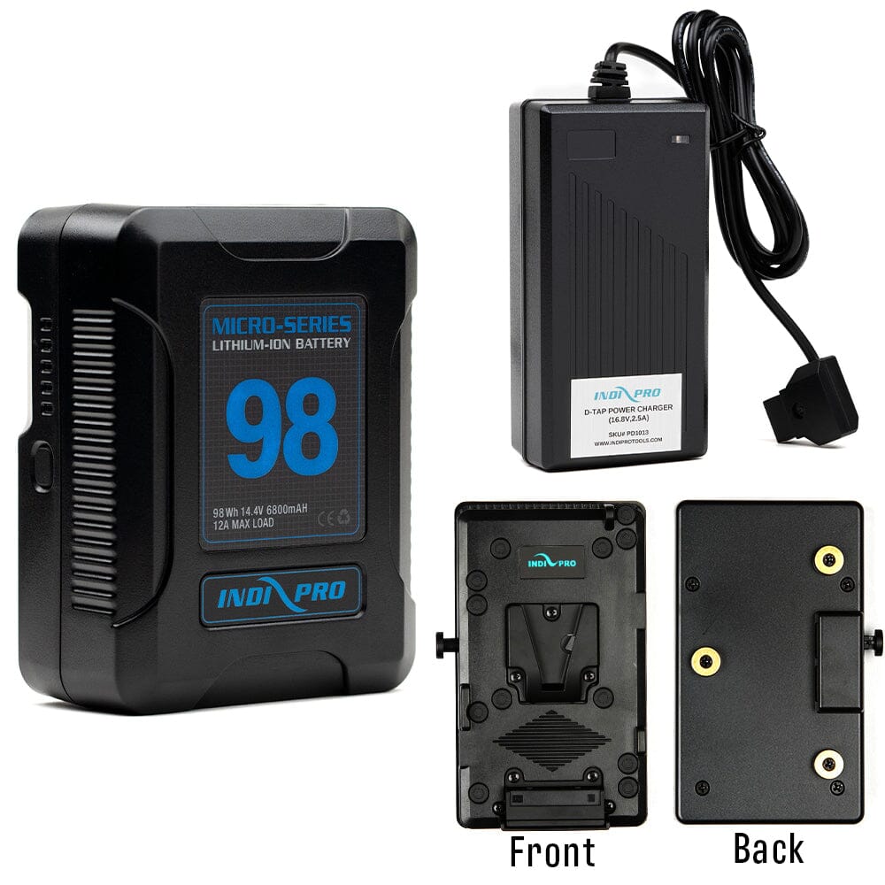Indipro Micro Series 98Wh V-Mount Battery, Charger & V-Mount to Gold-Mount Plate Converter Bundle